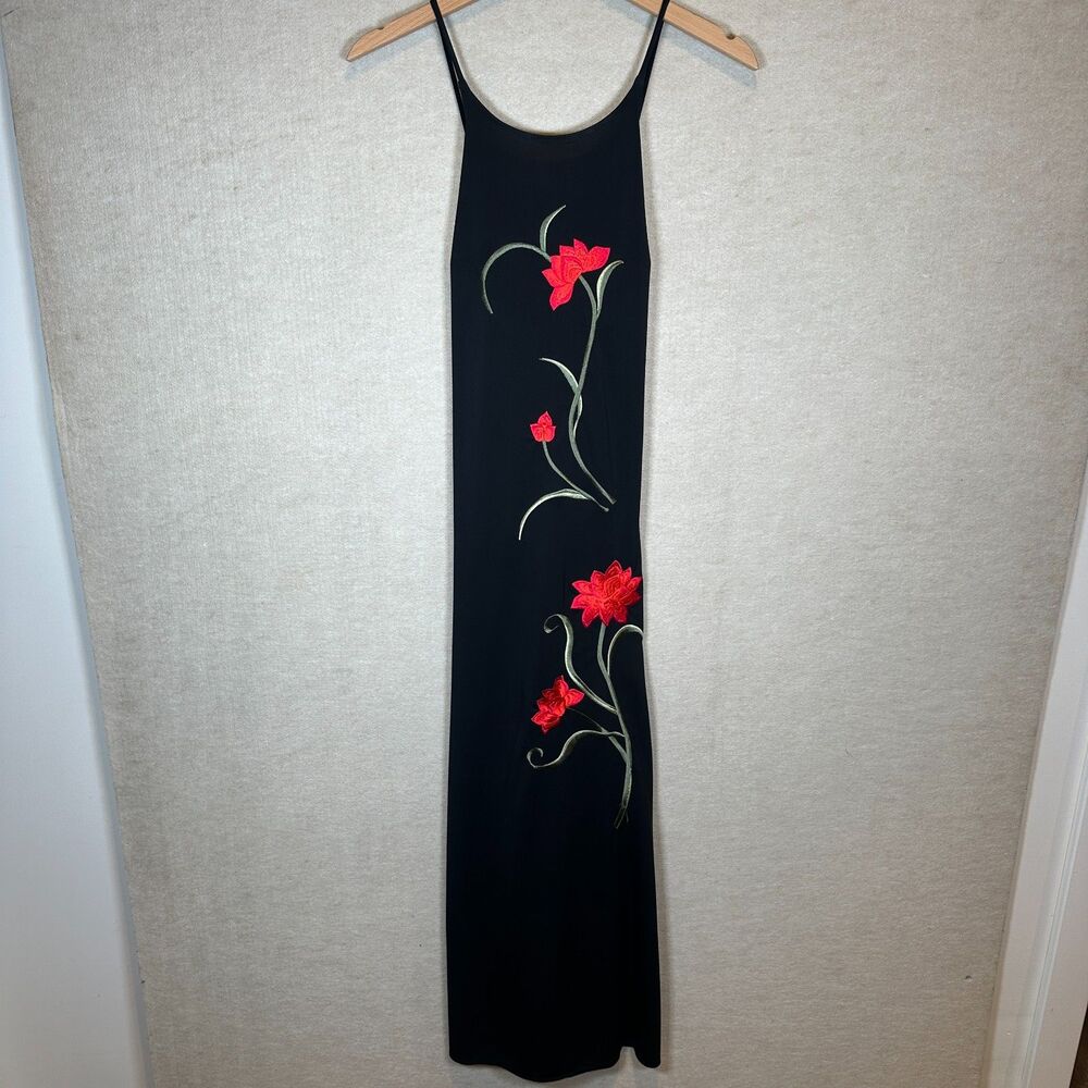 Vintage J.R. Nites by Caliendo Womens Sz 8 Black Red Floral Slip Dress